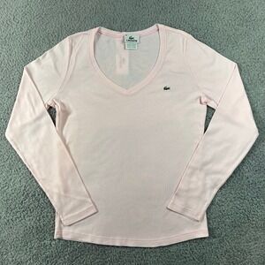 Lacoste Women's V-Neck Long Sleeve T-Shirt Light Pink US Size M (EU/8) VTG NWT